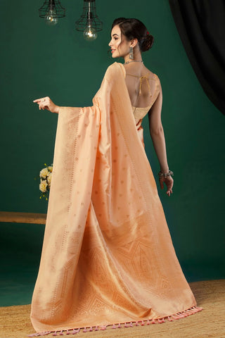 Peach Nylon Satin Weaving Jacquard Saree_Kumari Sarees
