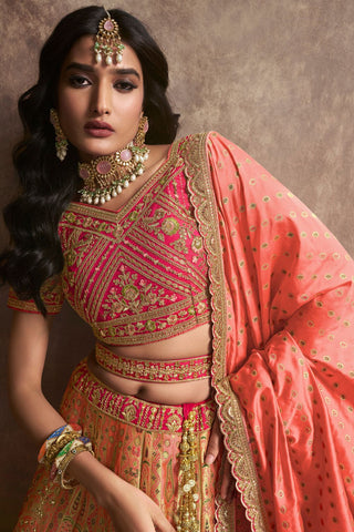 Peach & Pink Silk Lehenga With Sequence Zarkan Work