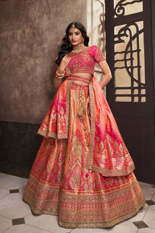 Peach & Pink Silk Lehenga With Sequence Zarkan Work