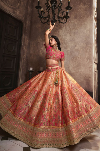 Peach & Pink Silk Lehenga With Sequence Zarkan Work