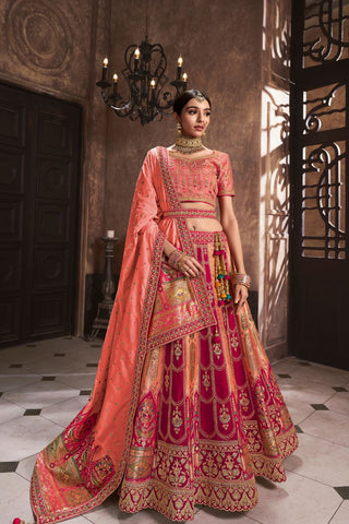 Peach & Red Banarasi Silk Lehenga