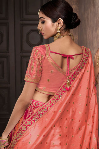 Peach & Red Banarasi Silk Lehenga