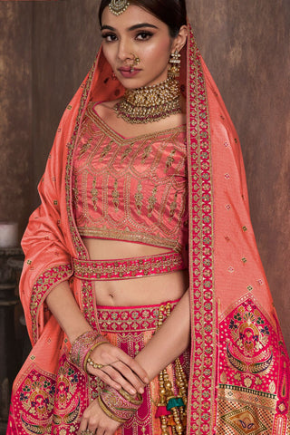 Peach & Red Banarasi Silk Lehenga