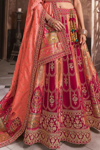 Peach & Red Banarasi Silk Lehenga