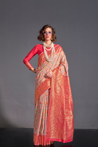 PEACH KASHMIRI HANDLOOM SAREE - WITH BLOUSE