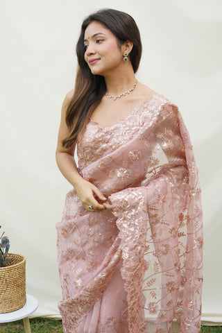 Peach Organza Silk Saree