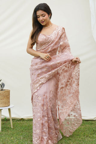 Peach Organza Silk Saree