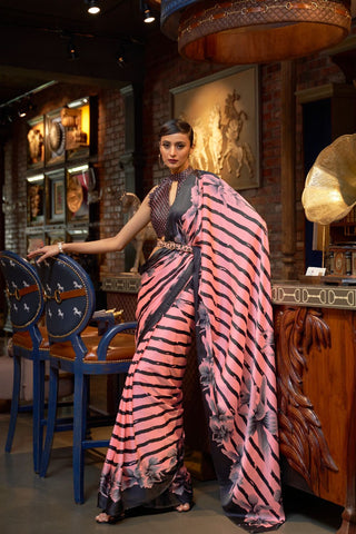 PINK & BLACK PRINTED JAPAN SATIN CREPE SAREE