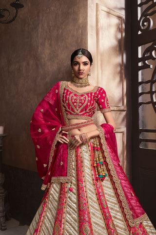 Red and Cream Banarasi Silk Lehenga