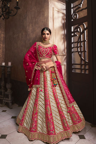 Red and Cream Banarasi Silk Lehenga