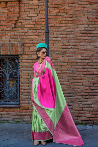 Pink & Green Soft Silk Handloom Weaving Saree