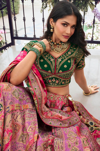 Pink and Green Banarasi Silk Wedding Lehenga with Zarkan Work