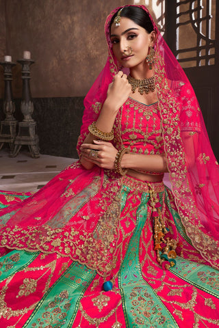 Pink and Green Banarasi Silk Lehenga