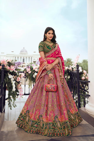 Pink and Green Banarasi Silk Wedding Lehenga with Zarkan Work