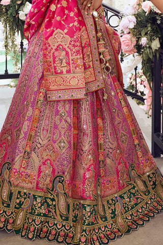 Pink and Green Banarasi Silk Wedding Lehenga with Zarkan Work