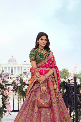 Pink and Green Banarasi Silk Wedding Lehenga with Zarkan Work