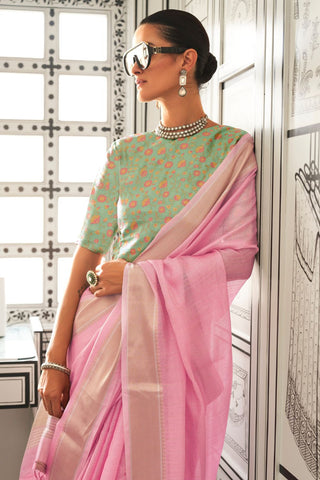 Pink Moss Chiffon Handloom Weaving Saree