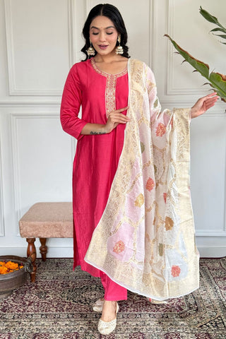 Pink Chanderi Jaquard Embroidery Kurta Set_Kumari Sarees