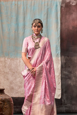 Pink Pure Satin Handloom Weaving Silk Saree_Kumari Sarees