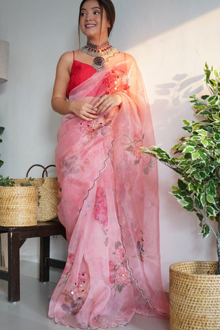 PINK ORGANZA HANDWORK DIGITAL PRINT SAREE