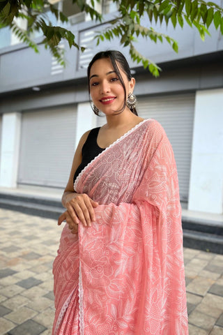 PINK LUCKNOWI PRINT CHIFFON SILK SAREE