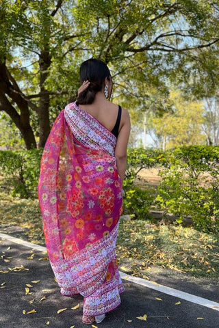 PINK ORGANZA EMBROIDERED SAREE