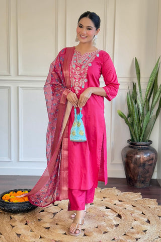 Chanderi & Organza Embroidered Butti Dupaata Set_Kumari Sarees