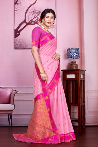 Pink Pure Handloom Cotton With Gold Zari Silk Saree_Kumari Sarees