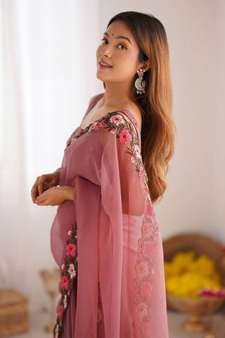 Pink Gold Crush With Multi Embroidery Work Saree_Kumari Sarees