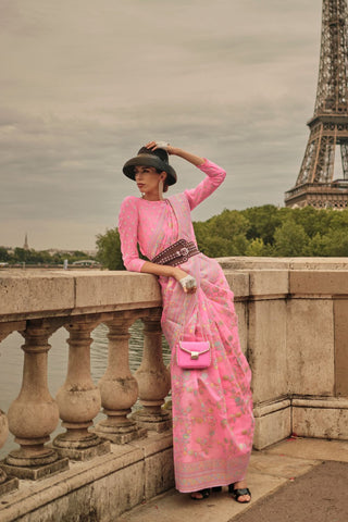 Pink Kashmiri Organza Handloom Weaving Saree