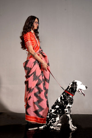 PINK PRINTED AJRAKH HANDWOVEN SILK SAREE