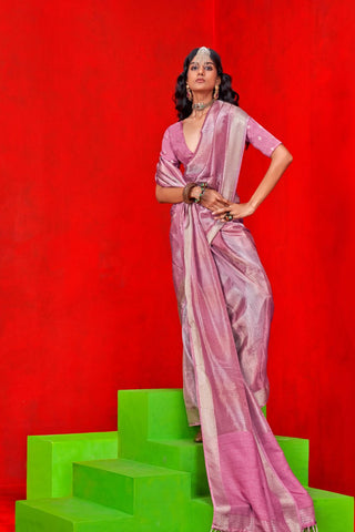 Pink Pure Viscose Zari Tissue Saree_Kumari Sarees