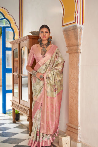 Pink Soft Cotton Silk With Floral Print Saree_Kumari Sarees