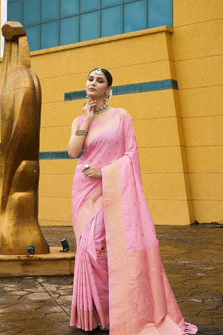 Pink Nylon Satin Weaving Jacquard Saree_Kumari Sarees
