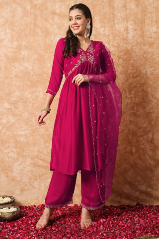Pink Organza Vichitra Silk Kurta Set_Kumari Sarees