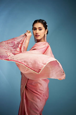 Pink Tussar Saree With Hand Based Work