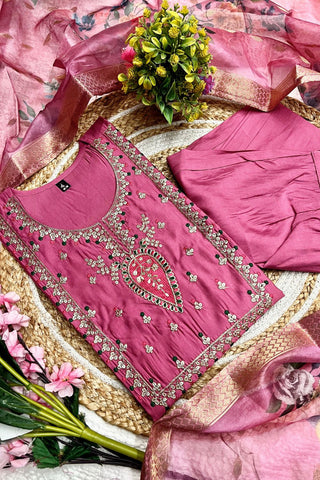 Pink Viscose Chanderi Jacquard Embroidery Kurta Set_Kumari Sarees