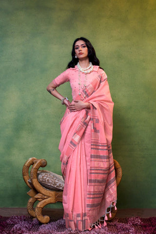 Pink Spun Handloom Weaving Silk Saree