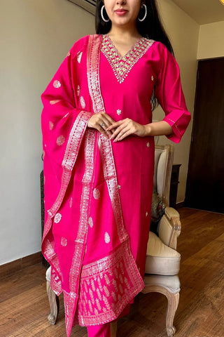 Pink Chanderi Jaccard Silk Embroidery Kurta Set_Kumari Sarees