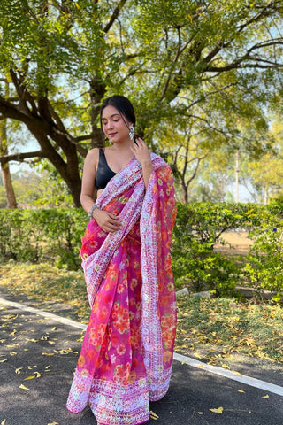 PINK ORGANZA EMBROIDERED SAREE