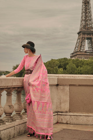 Pink Kashmiri Organza Handloom Weaving Saree