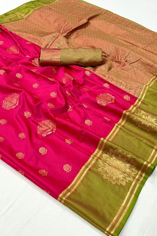 Pink Two Tone Contrast Katan Silk- Handloom Weaving Saree