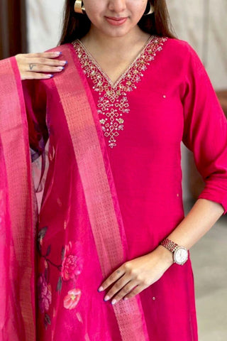 Pink Organza Viscose Chanderi Embroidery Kurta Set