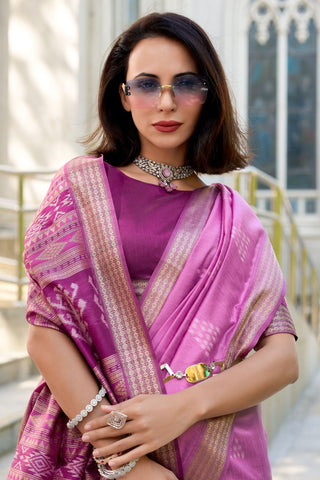 Pink Ikkat Weaving Silk Saree