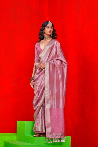 Pink Pure Viscose Zari Tissue Saree_Kumari Sarees