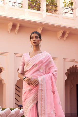 PINK PURE LINEN WEAVING SAREE