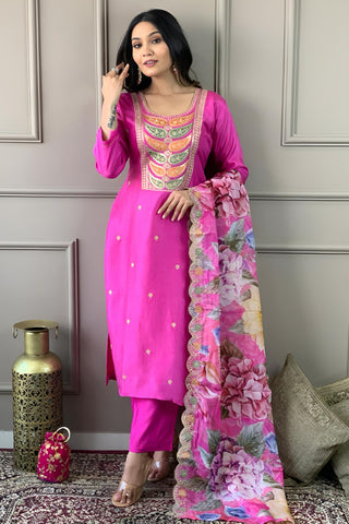 Pink Viscose Chanderi Embrodairy Stright Kurta Set_Kumari Sarees