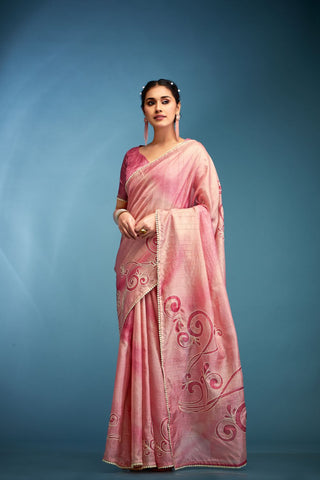 Pink Tussar Saree With Hand Based Work