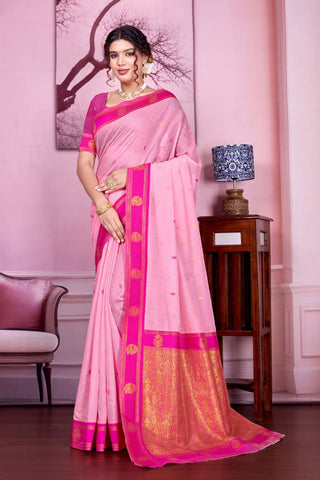 Pink Pure Handloom Cotton With Gold Zari Silk Saree_Kumari Sarees
