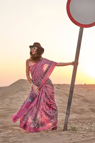 PINK PRINTED HANDLOOM LINEN SAREE